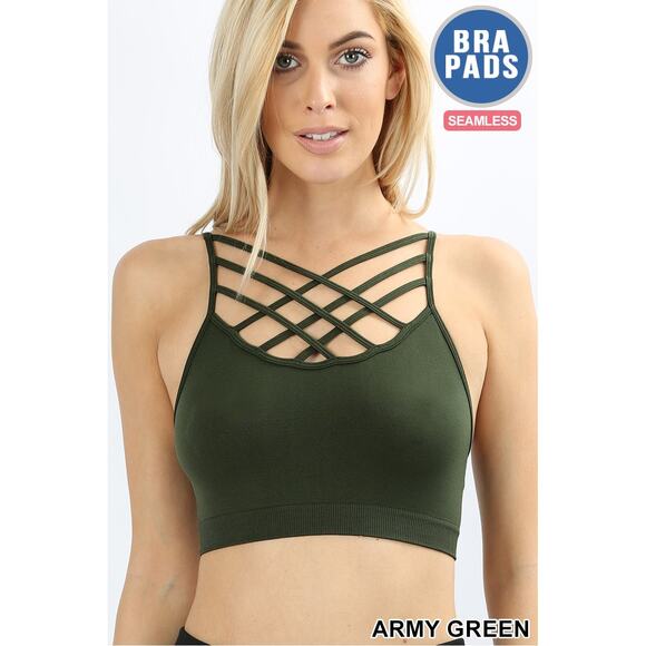 2X/3X Army Green Triple Criss Cross Bralette + bra pads Zenana wireless seamless - Picture 1 of 15